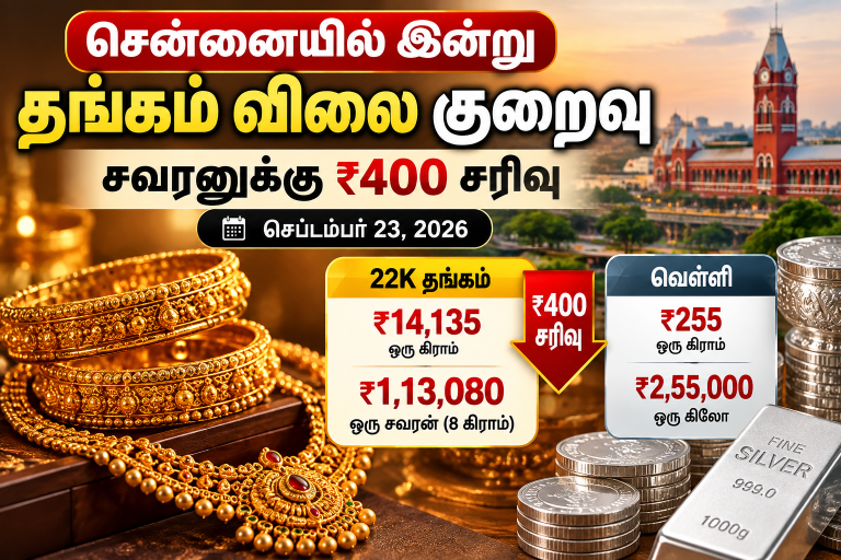 Chennai gold and silver price today September 23 2026 showing 22K gold ₹14,135 and silver ₹255