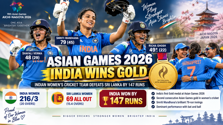 India women's cricket team wins gold at Asian Games 2026 after defeating Sri Lanka by 147 runs