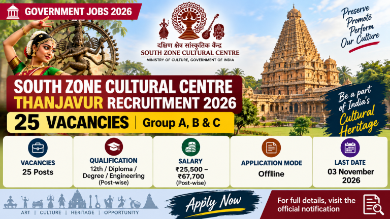 South Zone Cultural Centre Thanjavur recruitment 2026 for 25 Group A B and C vacancies