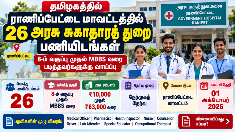 ராணிப்பேட்டை மாவட்ட நலவாழ்வு சங்கத்தில் 26 அரசு சுகாதாரத் துறை வேலைவாய்ப்புகள் 2026