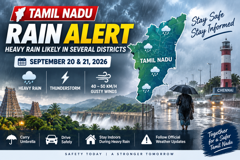 தமிழ்நாட்டில் பல மாவட்டங்களில் கனமழைக்கு வாய்ப்பு: 40–50 கி.மீ வேகத்தில் காற்று – முக்கிய மாவட்டங்கள் பட்டியல்